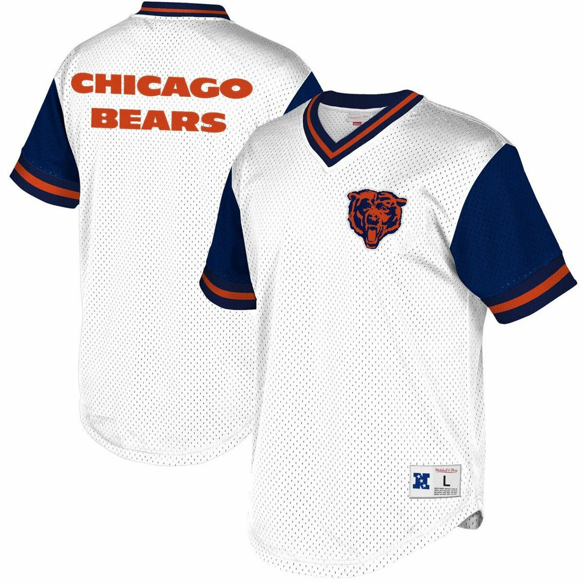 Mitchell & Ness Men's White/Navy Chicago Bears Historic Logo Mesh V-Neck T-Shirt 4 Mitchell & Ness Men's White/Navy Chicago Bears Historic Logo Mesh V-Neck T-Shirt - Image 2
