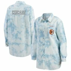 WEAR By Erin Andrews Women's Denim Chicago Bears Chambray Acid-Washed Long Sleeve Button-Up Shirt