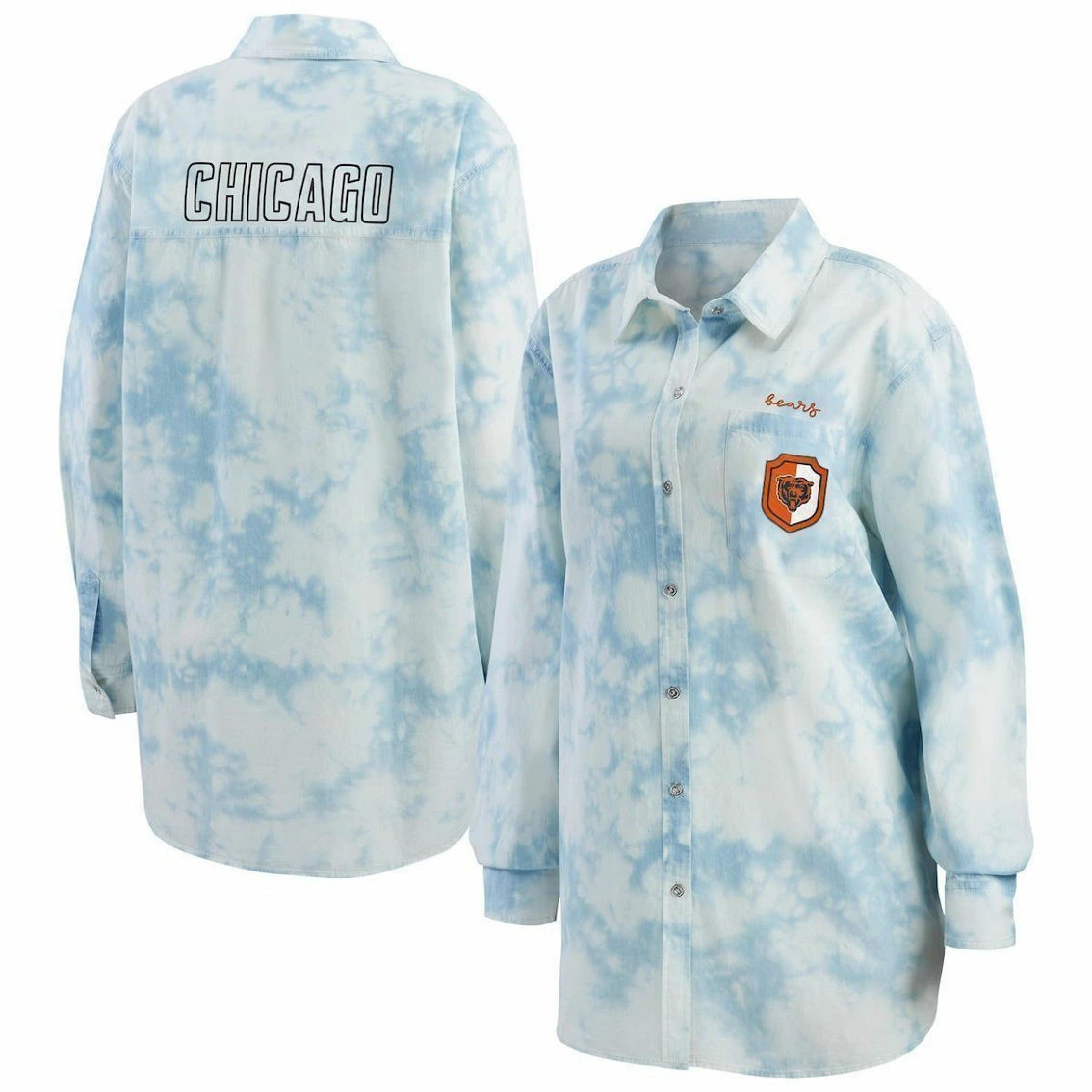 WEAR By Erin Andrews Women's Denim Chicago Bears Chambray Acid-Washed Long Sleeve Button-Up Shirt 3 WEAR By Erin Andrews Women's Denim Chicago Bears Chambray Acid-Washed Long Sleeve Button-Up Shirt