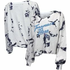 Majestic Threads Women's Threads White/Navy Tennessee Titans Off-Shoulder Tie-Dye V-Neck Long Sleeve T-Shirt