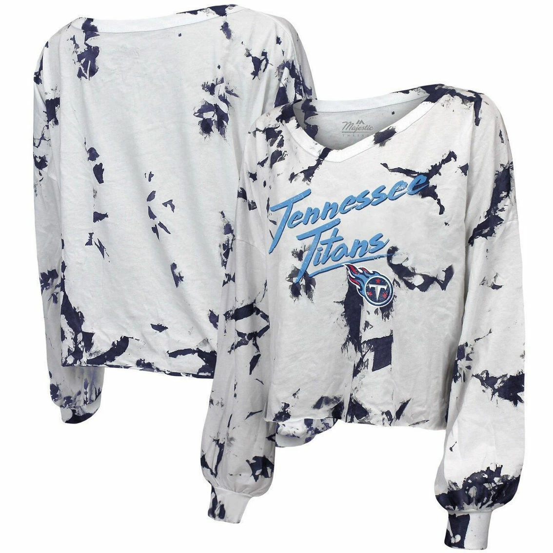 Majestic Threads Women's Threads White/Navy Tennessee Titans Off-Shoulder Tie-Dye V-Neck Long Sleeve T-Shirt 4 Majestic Threads Women's Threads White/Navy Tennessee Titans Off-Shoulder Tie-Dye V-Neck Long Sleeve T-Shirt - Image 2