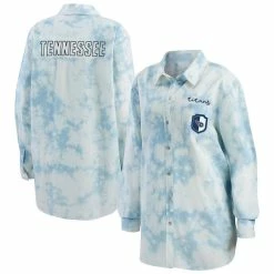 WEAR By Erin Andrews Women's Denim Tennessee Titans Chambray Acid-Washed Long Sleeve Button-Up Shirt