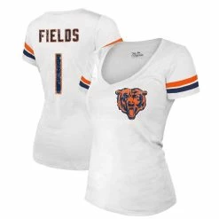 Majestic Threads Women's Justin Fields White Chicago Bears Player Name & Number V-Neck T-Shirt
