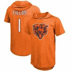 Majestic Threads Men's Justin Fields Orange Chicago Bears Player Name & Number Tri-Blend Short Sleeve Hoodie T-Shirt