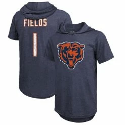 Majestic Threads Men's Justin Fields Navy Chicago Bears Player Name & Number Tri-Blend Short Sleeve Hoodie T-Shirt