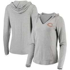 Antigua Women's Heathered Gray Chicago Bears Warm-Up Tri-Blend Hoodie Long Sleeve V-Neck T-Shirt