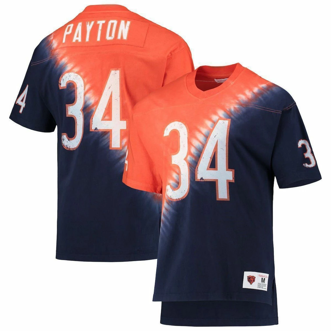 Mitchell & Ness Men's Walter Payton Orange/Navy Chicago Bears Retired Player Name & Number Diagonal Tie-Dye V-Neck T-Shirt 4 Mitchell & Ness Men's Walter Payton Orange/Navy Chicago Bears Retired Player Name & Number Diagonal Tie-Dye V-Neck T-Shirt - Image 2