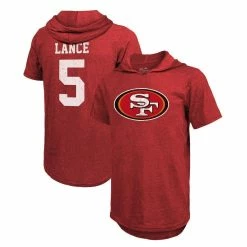 Majestic Threads Men's Trey Lance Scarlet San Francisco 49ers Player Name & Number Tri-Blend Short Sleeve Hoodie T-Shirt