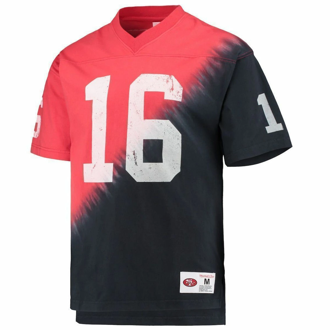 Mitchell & Ness Men's Joe Montana Black/Red San Francisco 49ers Retired Player Name & Number Diagonal Tie-Dye V-Neck T-Shirt 5 Mitchell & Ness Men's Joe Montana Black/Red San Francisco 49ers Retired Player Name & Number Diagonal Tie-Dye V-Neck T-Shirt - Image 3
