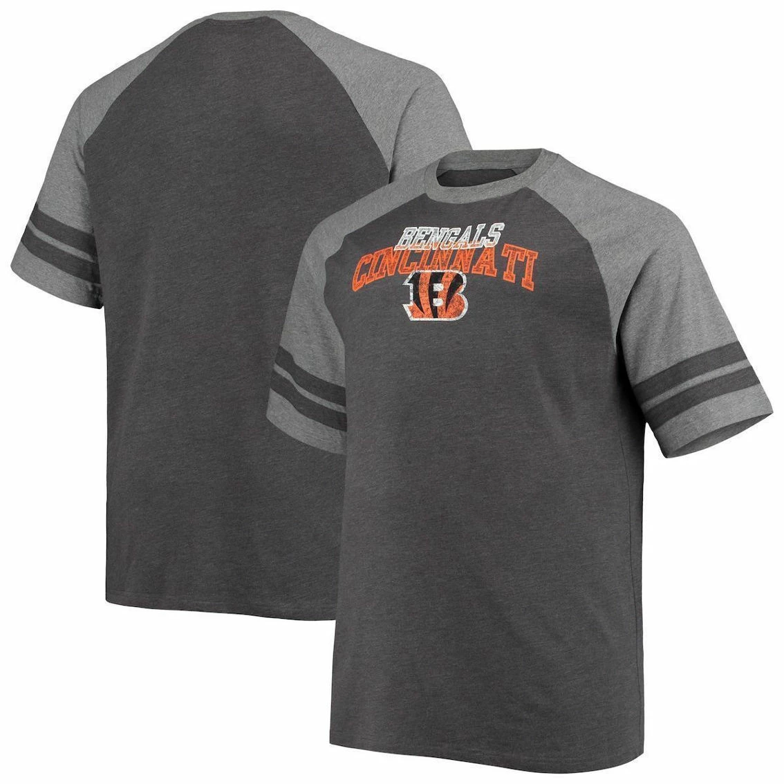 Fanatics Branded Men's Charcoal/Heathered Gray Cincinnati Bengals Big & Tall Two-Stripe Tri-Blend Raglan T-Shirt 4 Fanatics Branded Men's Charcoal/Heathered Gray Cincinnati Bengals Big & Tall Two-Stripe Tri-Blend Raglan T-Shirt - Image 2