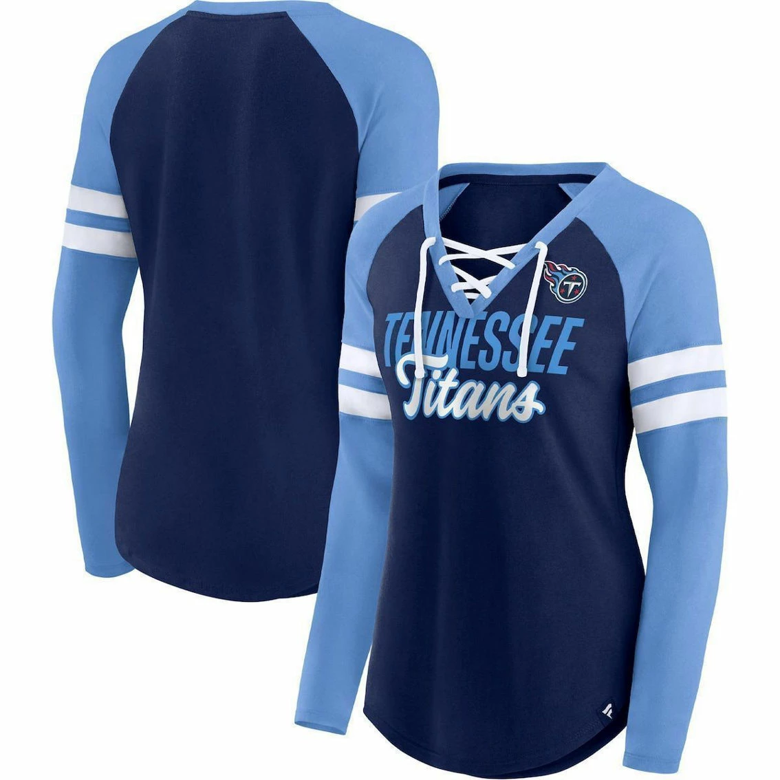 Fanatics Branded Women's Navy/Light Blue Tennessee Titans True To Form Raglan Lace-Up V-Neck Long Sleeve T-Shirt 3 Fanatics Branded Women's Navy/Light Blue Tennessee Titans True To Form Raglan Lace-Up V-Neck Long Sleeve T-Shirt