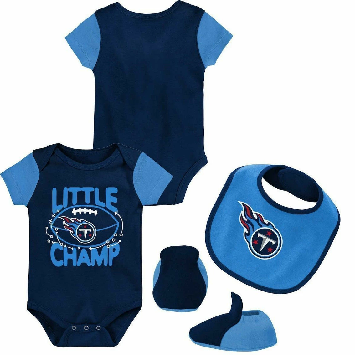 Outerstuff Newborn & Infant Navy/Light Blue Tennessee Titans Little Champ Three-Piece Bodysuit Bib & Booties Set 4 Outerstuff Newborn & Infant Navy/Light Blue Tennessee Titans Little Champ Three-Piece Bodysuit Bib & Booties Set - Image 2