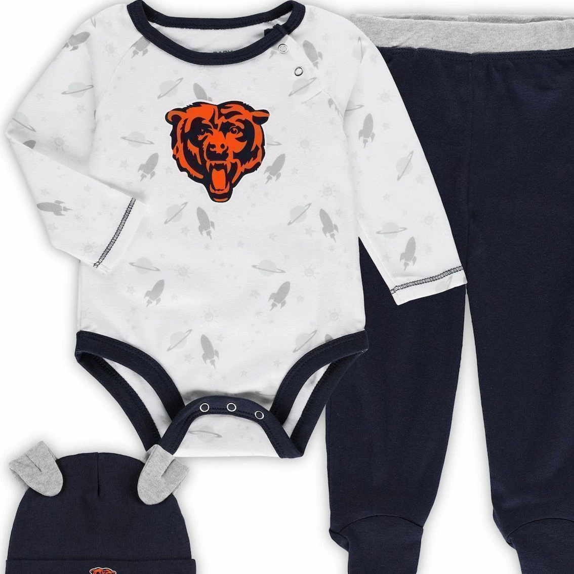 Outerstuff Newborn & Infant White/Navy Chicago Bears Dream Team Raglan Onesie Pants & Hat Set 3 Outerstuff Newborn & Infant White/Navy Chicago Bears Dream Team Raglan Onesie Pants & Hat Set