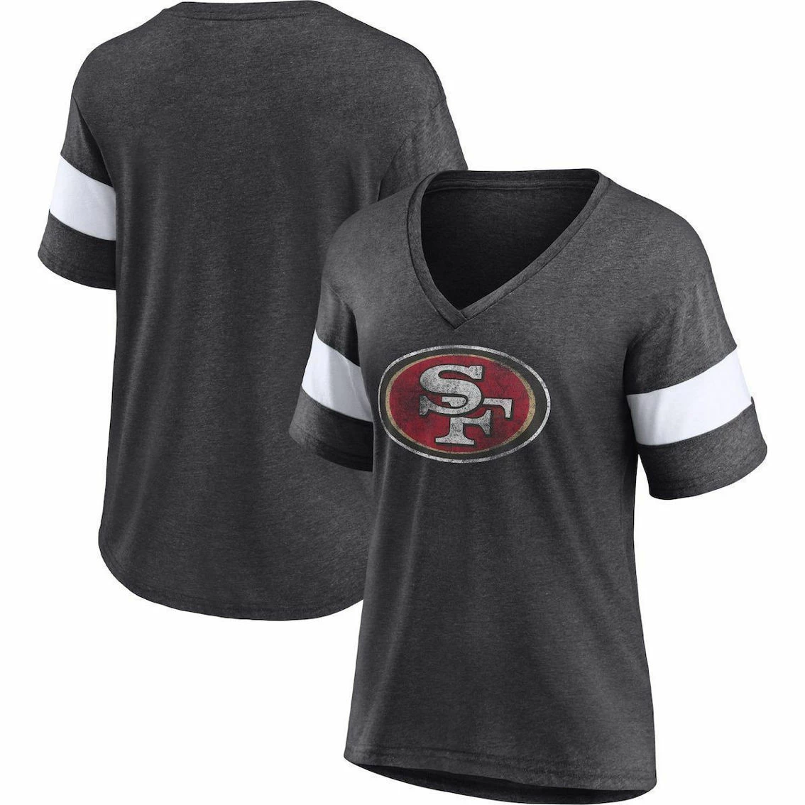 Fanatics Branded Women's Heathered Charcoal San Francisco 49ers Distressed Team Tri-Blend V-Neck T-Shirt 3 Fanatics Branded Women's Heathered Charcoal San Francisco 49ers Distressed Team Tri-Blend V-Neck T-Shirt