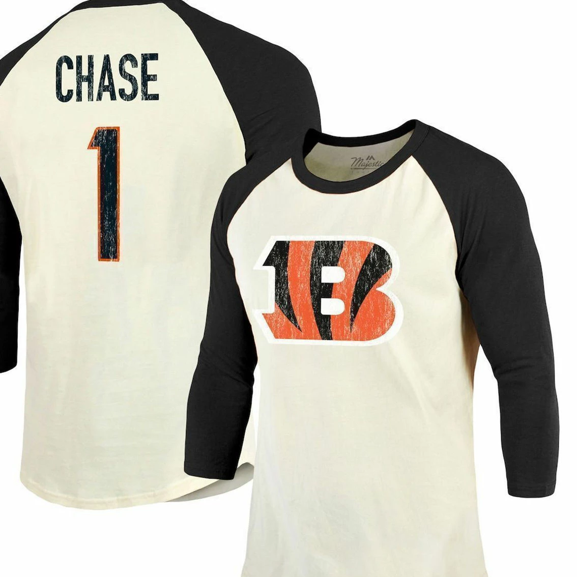 Majestic Threads Men's Threads Ja'Marr Chase Cream/Black Cincinnati Bengals Player Name & Number Raglan 3/4-Sleeve T-Shirt 3 Majestic Threads Men's Threads Ja'Marr Chase Cream/Black Cincinnati Bengals Player Name & Number Raglan 3/4-Sleeve T-Shirt