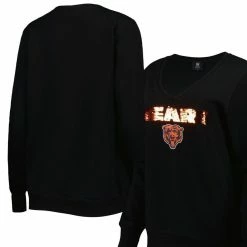 Cuce Women's Black Chicago Bears Sequin Logo V-Neck Pullover Sweatshirt
