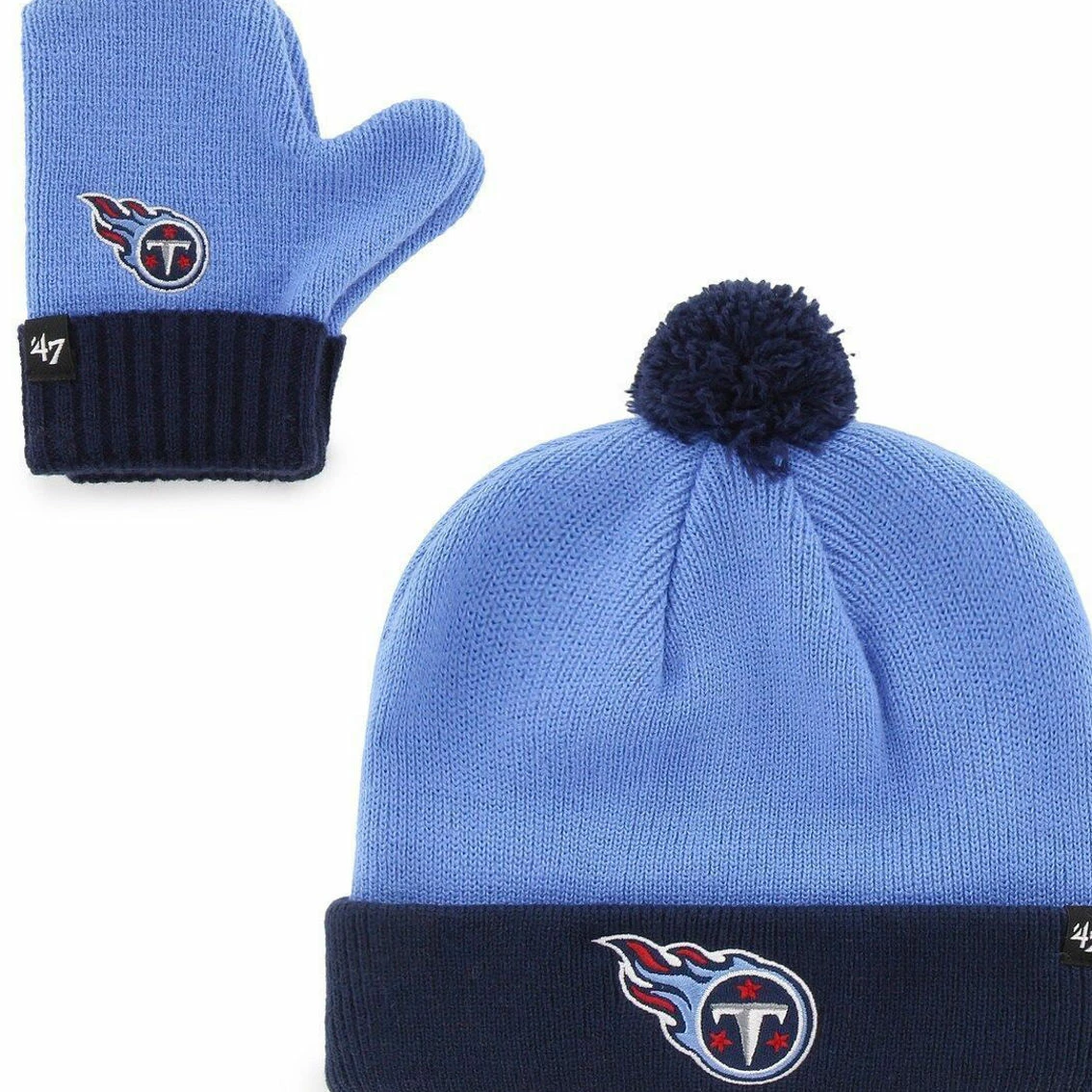 '47 Toddler Light Blue/Navy Tennessee Titans Bam Bam Cuffed Knit Hat With Pom And Mittens Set 3 '47 Toddler Light Blue/Navy Tennessee Titans Bam Bam Cuffed Knit Hat With Pom And Mittens Set