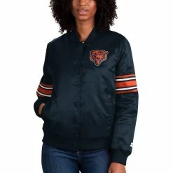 Starter Women's Navy Chicago Bears Line Up Satin Full-Snap Varsity Jacket