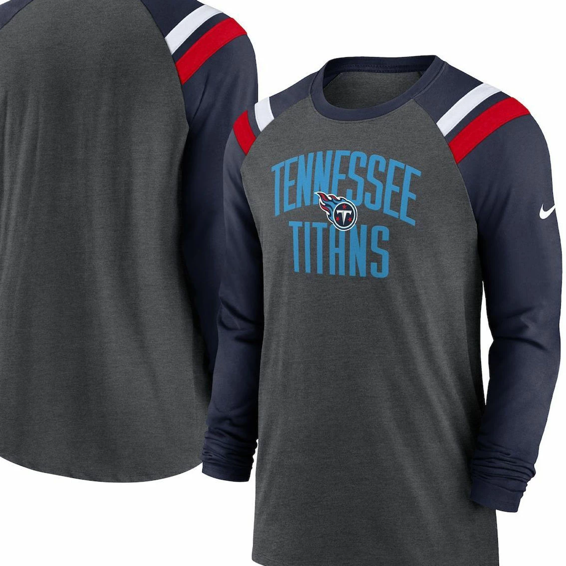 Nike Men's Heathered Charcoal/Navy Tennessee Titans Tri-Blend Raglan Athletic Long Sleeve Fashion T-Shirt 4 Nike Men's Heathered Charcoal/Navy Tennessee Titans Tri-Blend Raglan Athletic Long Sleeve Fashion T-Shirt - Image 2