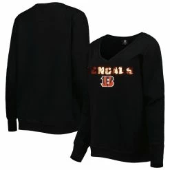 Cuce Women's Black Cincinnati Bengals Sequin Logo V-Neck Pullover Sweatshirt