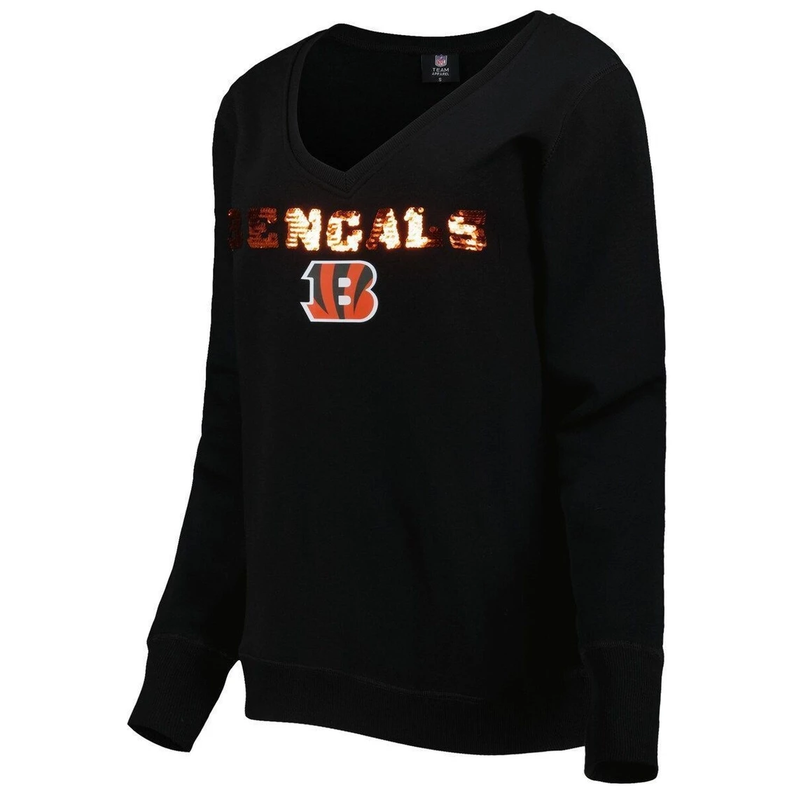 Cuce Women's Black Cincinnati Bengals Sequin Logo V-Neck Pullover Sweatshirt 5 Cuce Women's Black Cincinnati Bengals Sequin Logo V-Neck Pullover Sweatshirt - Image 3