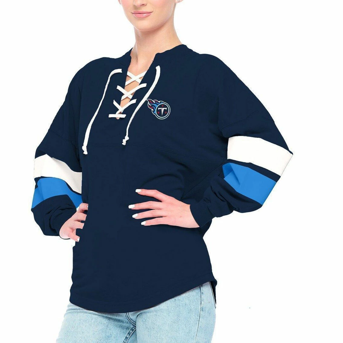 Fanatics Branded Women's Navy Tennessee Titans Lace-Up V-Neck Long Sleeve T-Shirt 3 Fanatics Branded Women's Navy Tennessee Titans Lace-Up V-Neck Long Sleeve T-Shirt