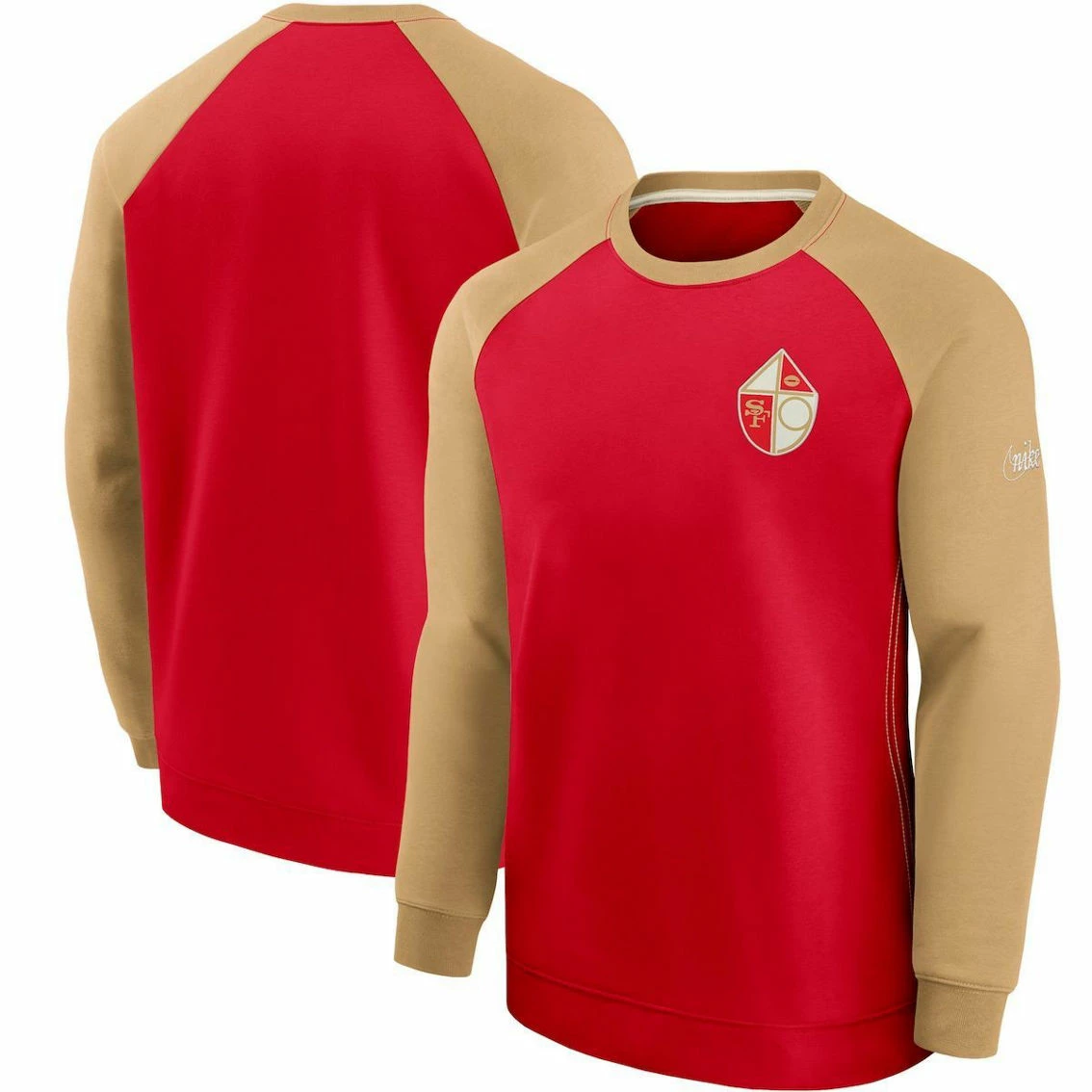Nike Men's Scarlet/Gold San Francisco 49ers Historic Raglan Crew Performance Sweater 4 Nike Men's Scarlet/Gold San Francisco 49ers Historic Raglan Crew Performance Sweater - Image 2