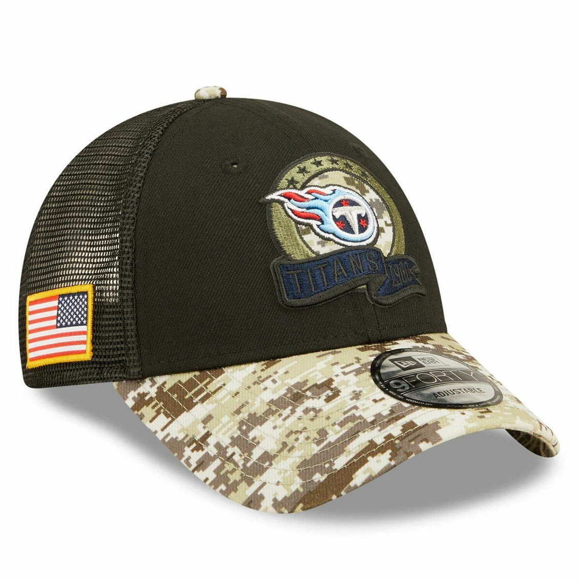 New Era Men's Black/Camo Tennessee Titans 2022 Salute To Service 9FORTY Snapback Trucker Hat 3 New Era Men's Black/Camo Tennessee Titans 2022 Salute To Service 9FORTY Snapback Trucker Hat