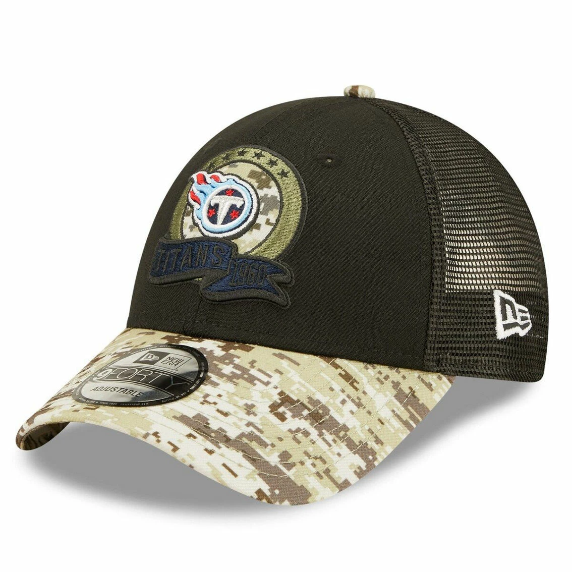 New Era Men's Black/Camo Tennessee Titans 2022 Salute To Service 9FORTY Snapback Trucker Hat 6 New Era Men's Black/Camo Tennessee Titans 2022 Salute To Service 9FORTY Snapback Trucker Hat - Image 4