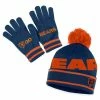 WEAR By Erin Andrews Women's Navy Chicago Bears Double Jacquard Cuffed Knit Hat With Pom And Gloves Set