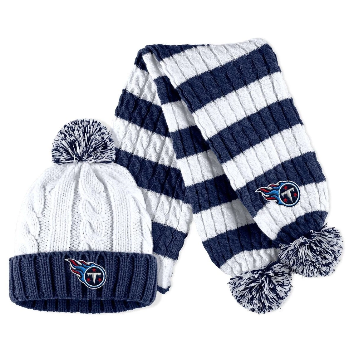 WEAR By Erin Andrews Women's Navy/White Tennessee Titans Cable Stripe Cuffed Knit Hat With Pom And Scarf Set 3 WEAR By Erin Andrews Women's Navy/White Tennessee Titans Cable Stripe Cuffed Knit Hat With Pom And Scarf Set