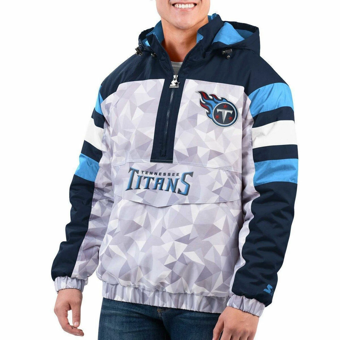 Starter Men's White/Navy Tennessee Titans Thursday Night Gridiron Raglan Half-Zip Hooded Jacket 4 Starter Men's White/Navy Tennessee Titans Thursday Night Gridiron Raglan Half-Zip Hooded Jacket - Image 2
