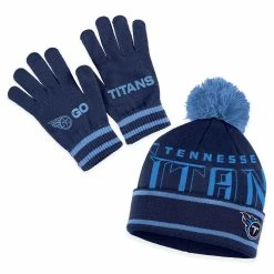 WEAR By Erin Andrews Women's Navy Tennessee Titans Double Jacquard Cuffed Knit Hat With Pom And Gloves Set