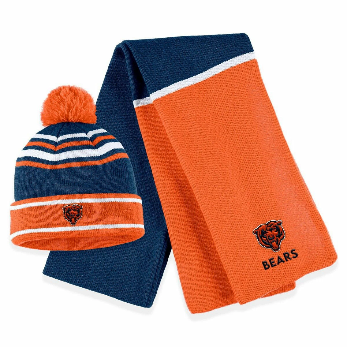 WEAR By Erin Andrews Women's Orange Chicago Bears Colorblock Cuffed Knit Hat With Pom And Scarf Set 4 WEAR By Erin Andrews Women's Orange Chicago Bears Colorblock Cuffed Knit Hat With Pom And Scarf Set - Image 2