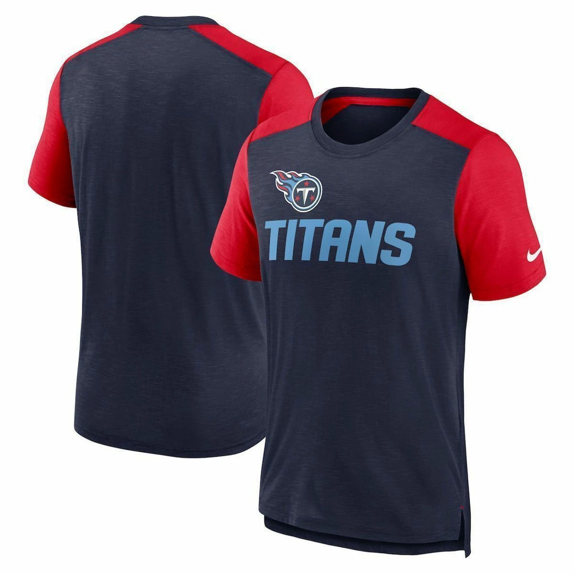 Nike Men's Heathered Navy/Heathered Red Tennessee Titans Color Block Team Name T-Shirt 3 Nike Men's Heathered Navy/Heathered Red Tennessee Titans Color Block Team Name T-Shirt