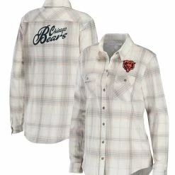 WEAR By Erin Andrews Women's Cream/Gray Chicago Bears Plaid Flannel Tri-Blend Long Sleeve Button-Up Shirt