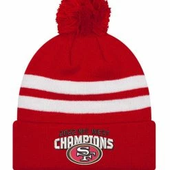New Era Men's Scarlet San Francisco 49ers 2022 NFC West Division S Top Stripe Cuffed Pom Knit Hat