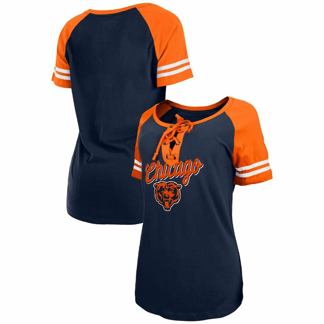 Women's New Era Navy/Orange Chicago Bears Logo Lace-Up Raglan T-Shirt 3 Women's New Era Navy/Orange Chicago Bears Logo Lace-Up Raglan T-Shirt