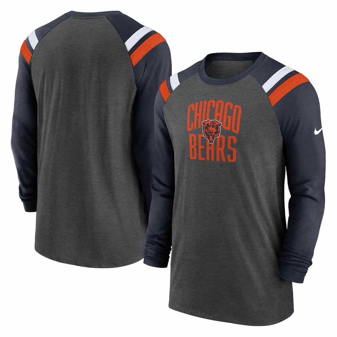 Nike Men's Heathered Charcoal/Navy Chicago Bears Tri-Blend Raglan Athletic Long Sleeve Fashion T-Shirt 4 Nike Men's Heathered Charcoal/Navy Chicago Bears Tri-Blend Raglan Athletic Long Sleeve Fashion T-Shirt - Image 2