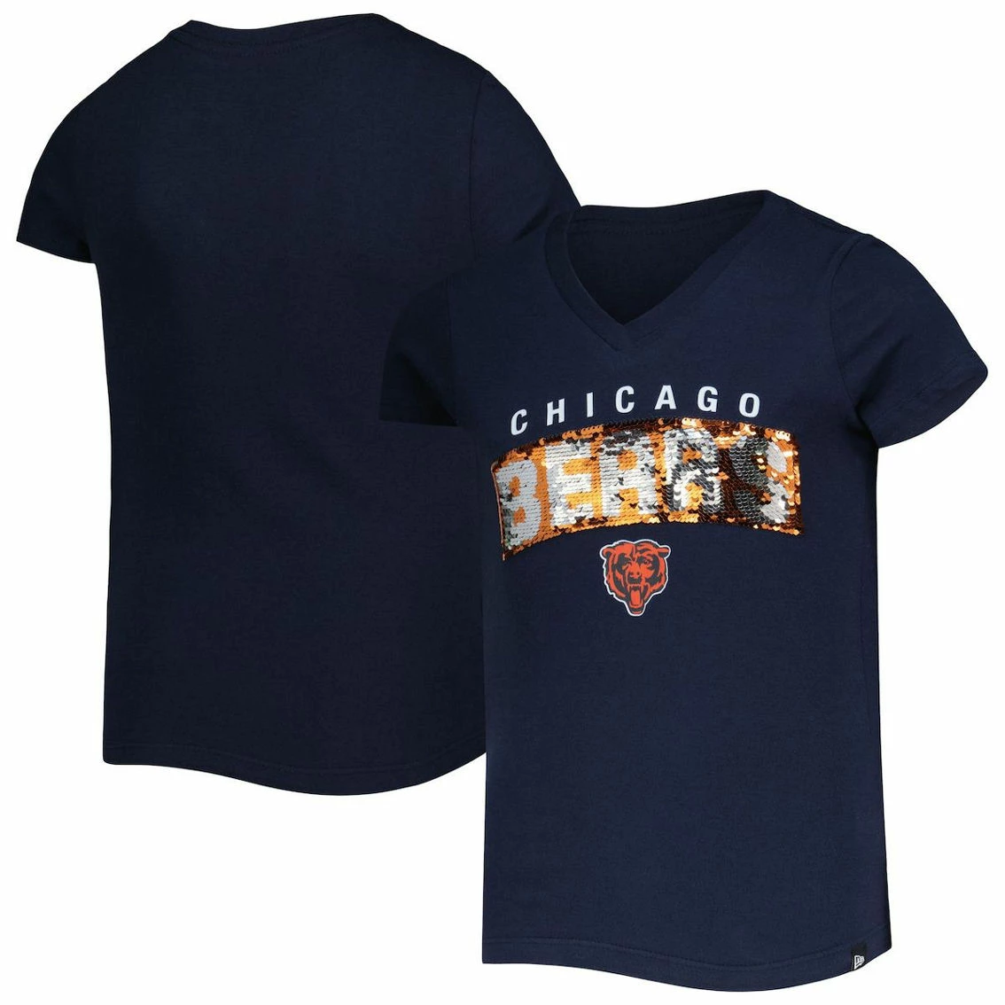 New Era Girls Youth Navy Chicago Bears Reverse Sequin Wordmark V-Neck T-Shirt 3 New Era Girls Youth Navy Chicago Bears Reverse Sequin Wordmark V-Neck T-Shirt