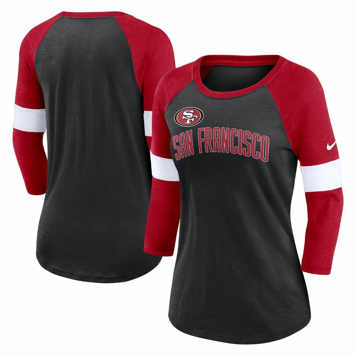 Nike Women's San Francisco 49ers Heather Black/Scarlet Football Pride Raglan 3/4-Sleeve T-Shirt 3 Nike Women's San Francisco 49ers Heather Black/Scarlet Football Pride Raglan 3/4-Sleeve T-Shirt