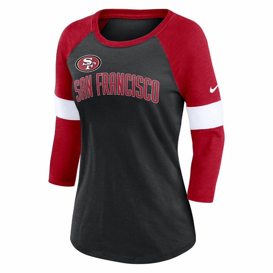 Nike Women's San Francisco 49ers Heather Black/Scarlet Football Pride Raglan 3/4-Sleeve T-Shirt 5 Nike Women's San Francisco 49ers Heather Black/Scarlet Football Pride Raglan 3/4-Sleeve T-Shirt - Image 3