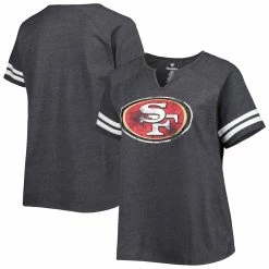 Fanatics Branded Women's Heather Charcoal San Francisco 49ers Plus Size Logo Striped Raglan Notch Neck T-Shirt
