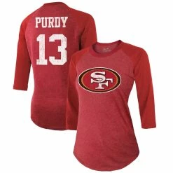 Majestic Threads Women's Threads Brock Purdy Scarlet San Francisco 49ers Name & Number Tri-Blend Raglan 3/4 Sleeve T-Shirt