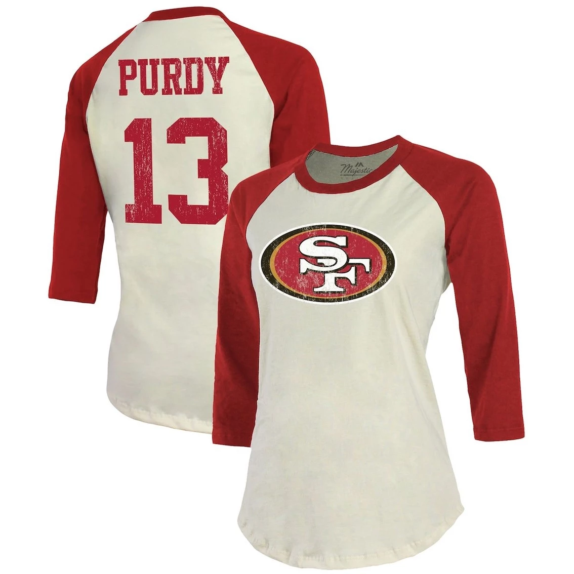 Majestic Threads Women's Threads Brock Purdy Cream/Scarlet San Francisco 49ers Player Name & Number Raglan 3/4 Sleeve T-Shirt 3 Majestic Threads Women's Threads Brock Purdy Cream/Scarlet San Francisco 49ers Player Name & Number Raglan 3/4 Sleeve T-Shirt