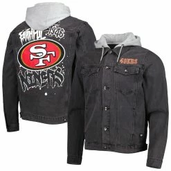 Fanatics 3 The Wild Collective Men's Black San Francisco 49ers Hooded Full-Button Denim Jacket