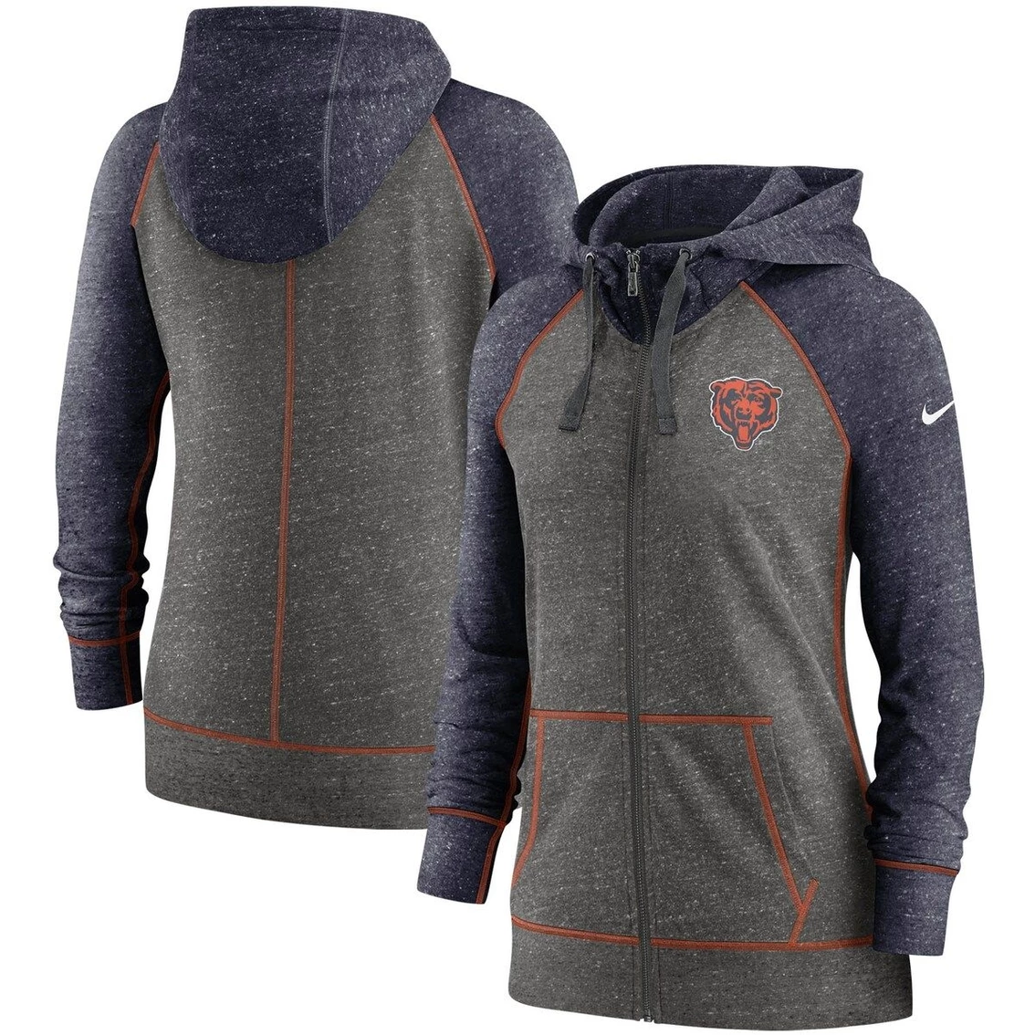 Nike Women's Heathered Charcoal/Navy Chicago Bears Gym Vintage Raglan Full-Zip Hoodie 4 Nike Women's Heathered Charcoal/Navy Chicago Bears Gym Vintage Raglan Full-Zip Hoodie - Image 2