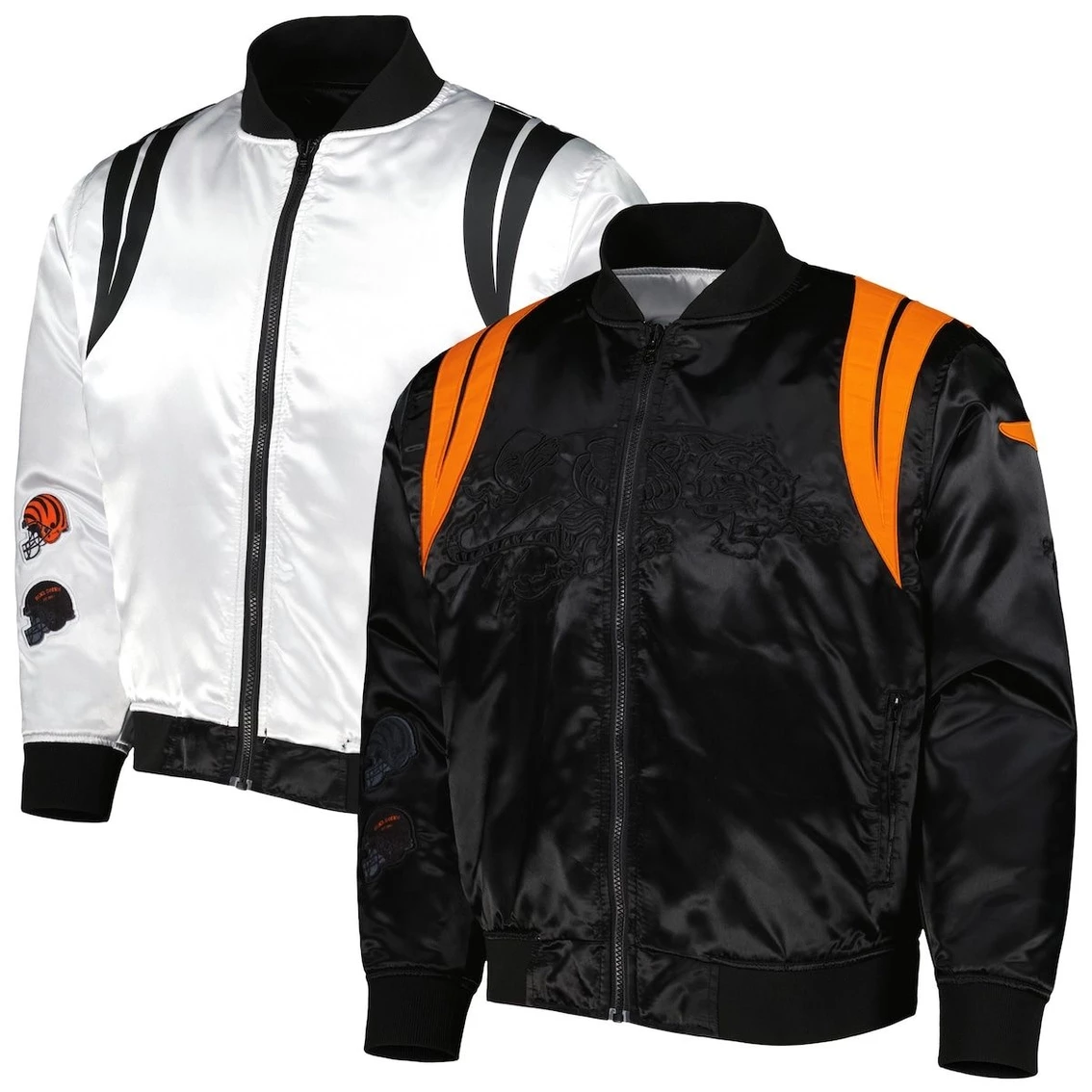 BlaCkOWned Men's Black/White Cincinnati Bengals X BlaCkOWned Stripes Don't Come Easy Reversible Satin Bomber Full-Zip Jacket 4 BlaCkOWned Men's Black/White Cincinnati Bengals X BlaCkOWned Stripes Don't Come Easy Reversible Satin Bomber Full-Zip Jacket - Image 2